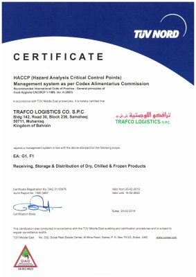 HACCP Certificate, Trafco Logistics
